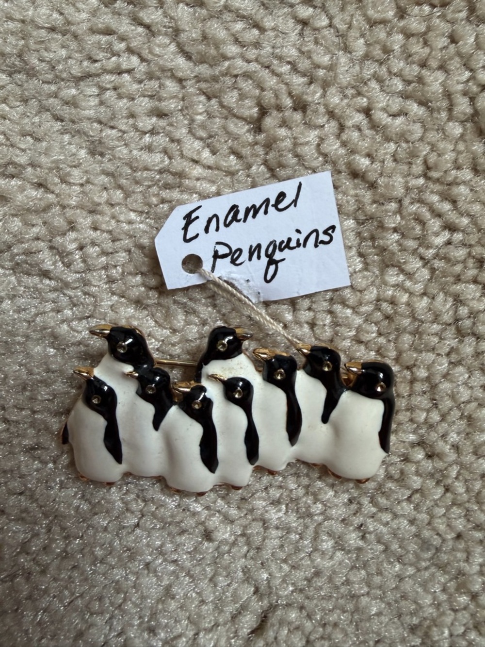 Enamel Penguin Row Brooch in Black and White